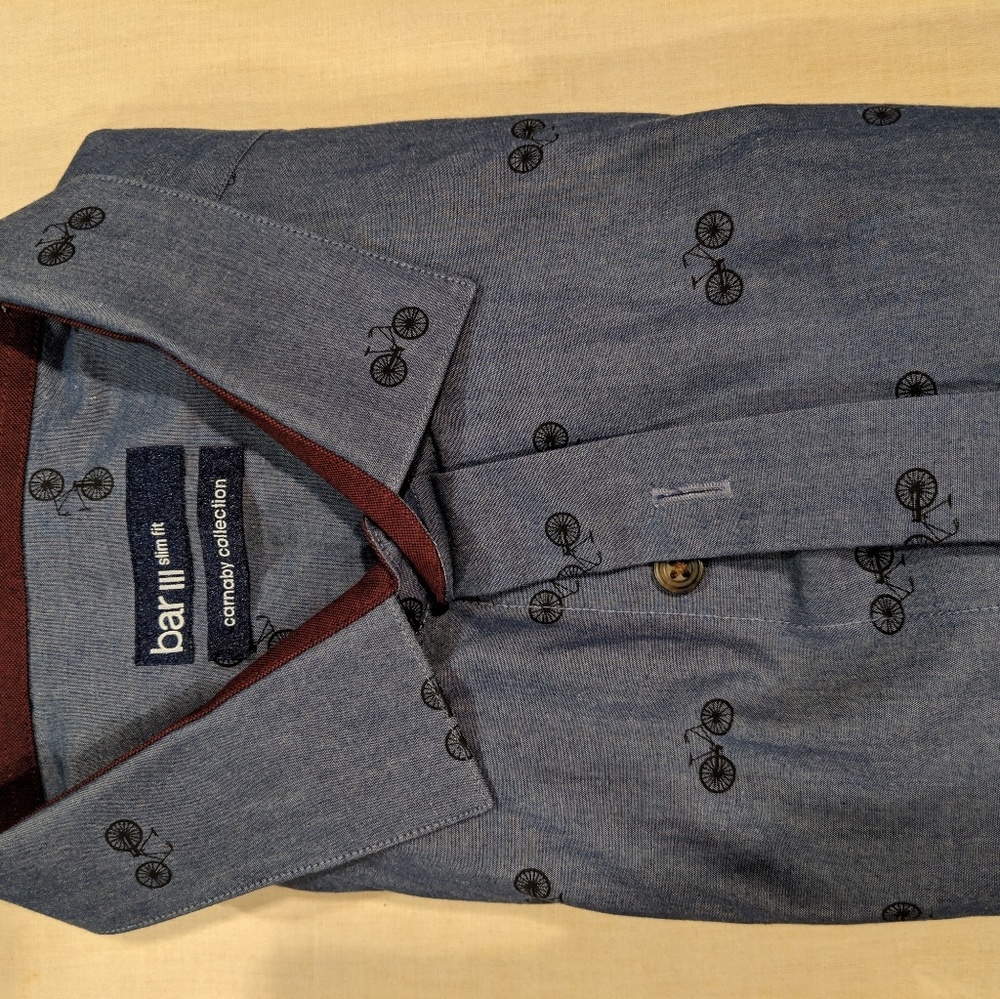Bar III - Blue Chambray shirt w/ bicycle patterns